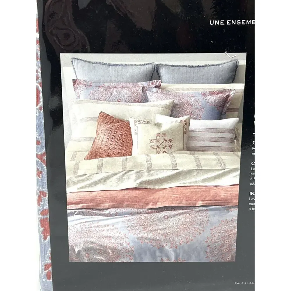 Ralph Lauren Marley Paisley King Duvet Cover Set Light Blue Coral 3 Piece Set